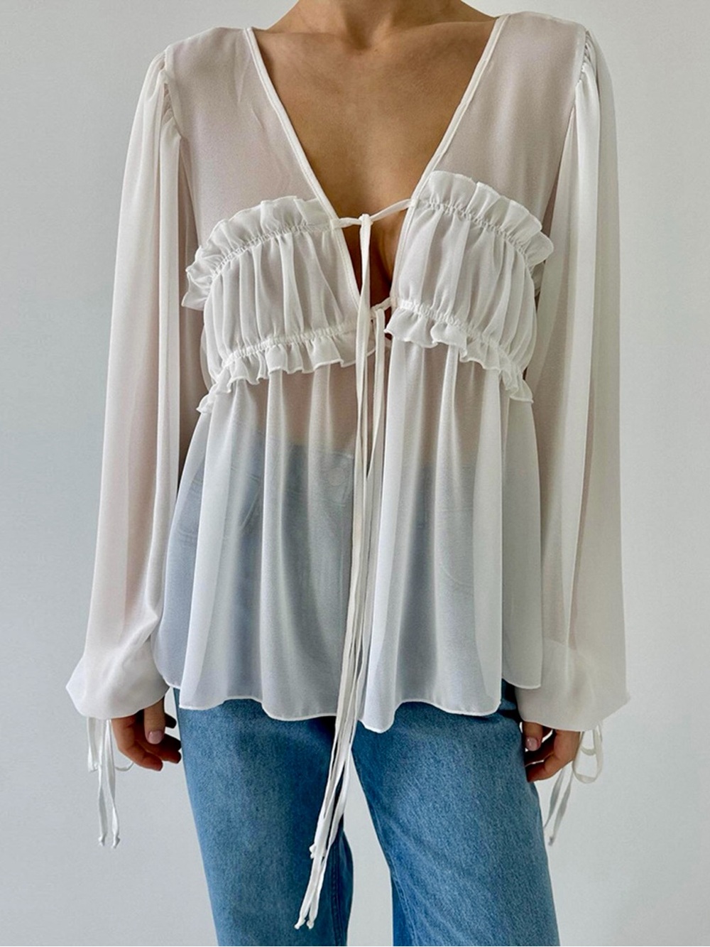 ♥️Hello Gorgeous! Ruffled Tie Front Long Sleeve Sheer Blouse - White